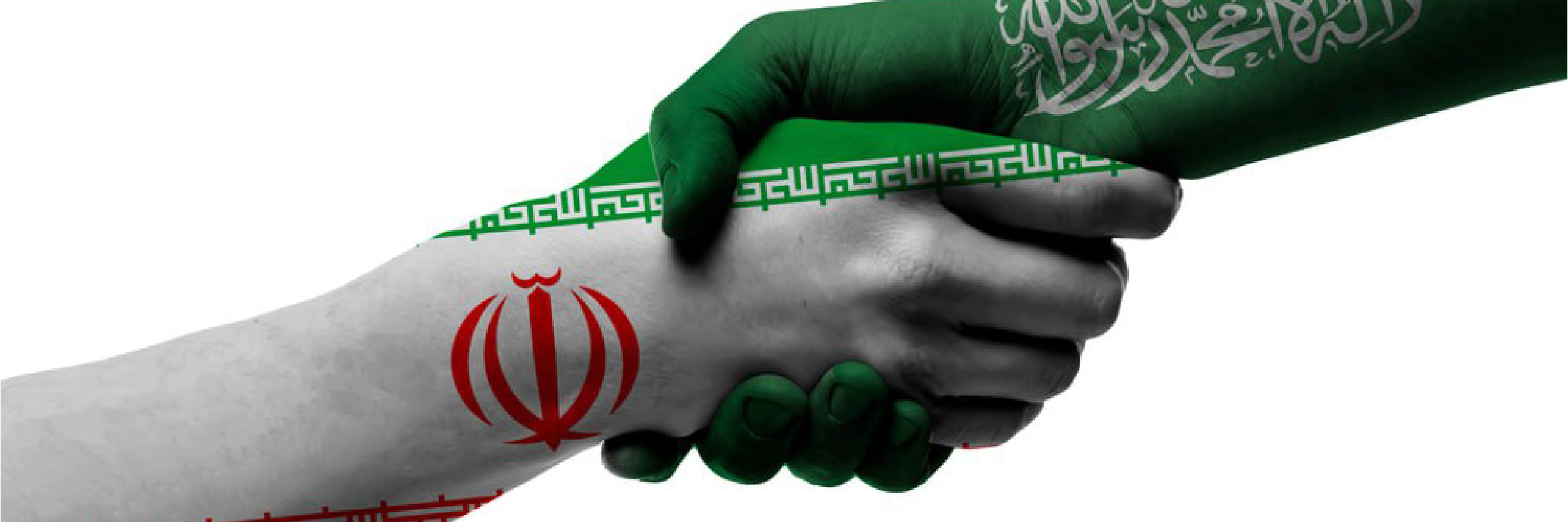 Saudi Arabia and Iran flags printed on the hand-shaking gesture